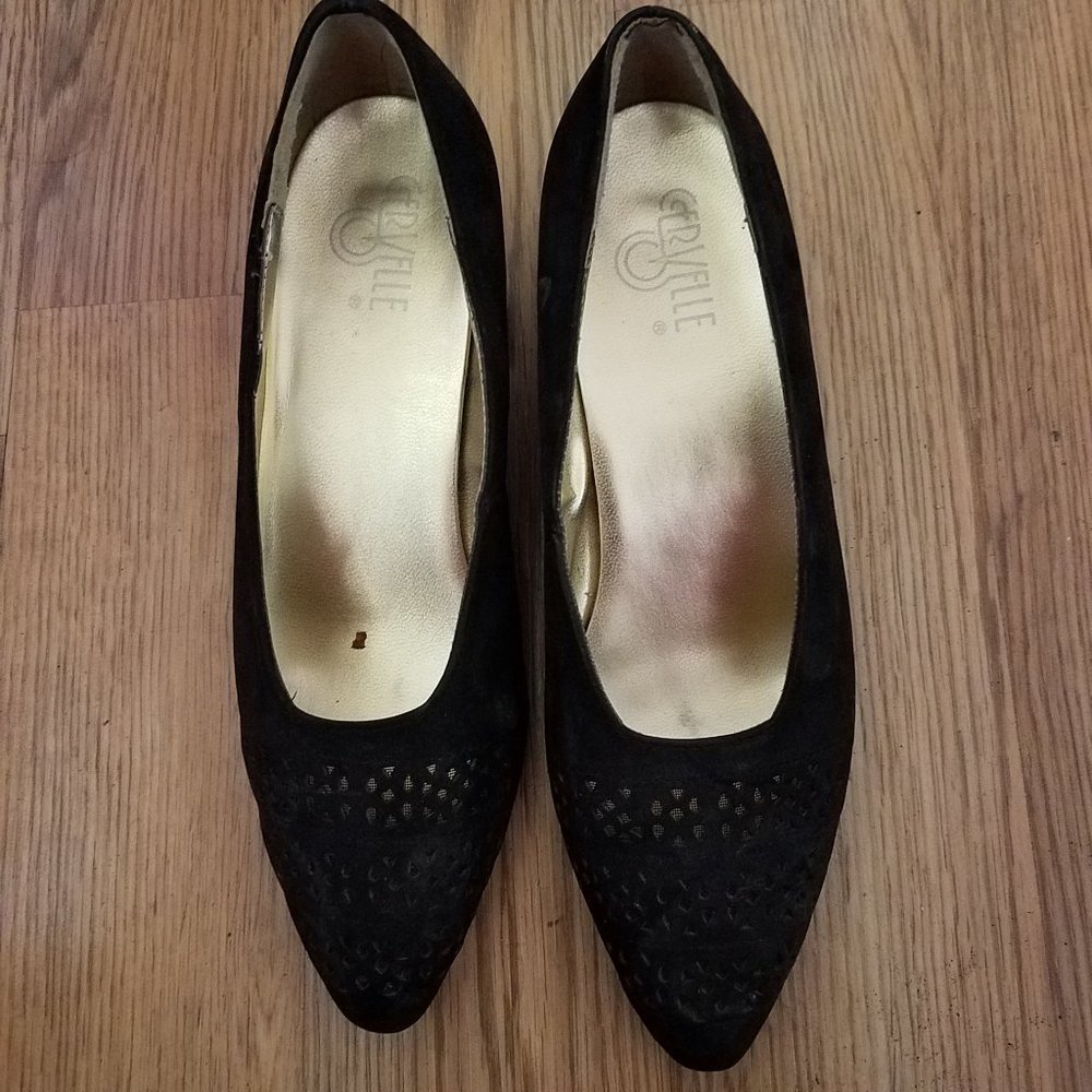 Black perforated suede shoes